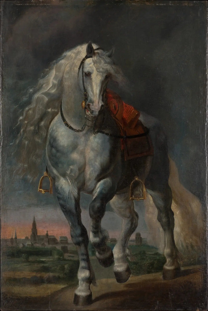Cavalo branco trotando em uma paisagem plana diante de uma cidade - Peter Paul Rubens