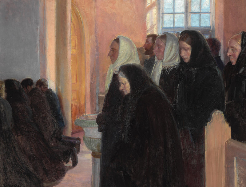 Comunhão na igreja de Skagen. Luz do sol filtrando através dos vitrais. - Anna Ancher