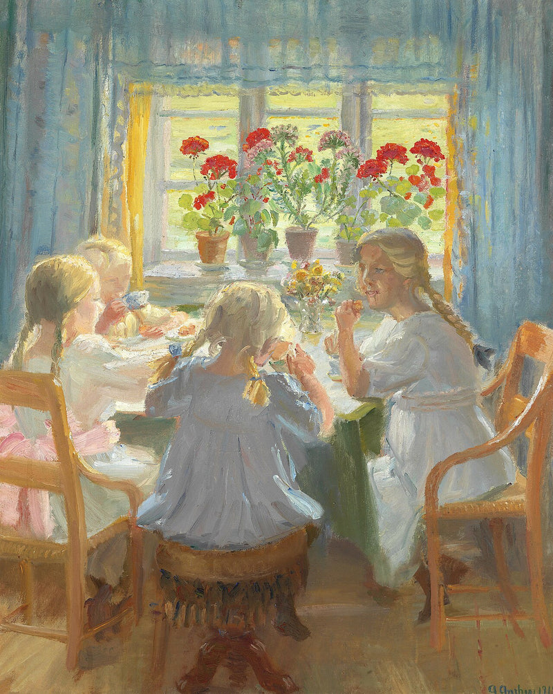 Meninas pequenas tomando chá em Nordstuen na casa de Anchers na Markvej, Skagen. - Anna Ancher