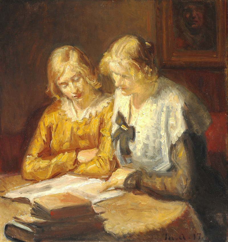 Deux jeunes femmes assises à table lisent un livre - Michael Peter Ancher