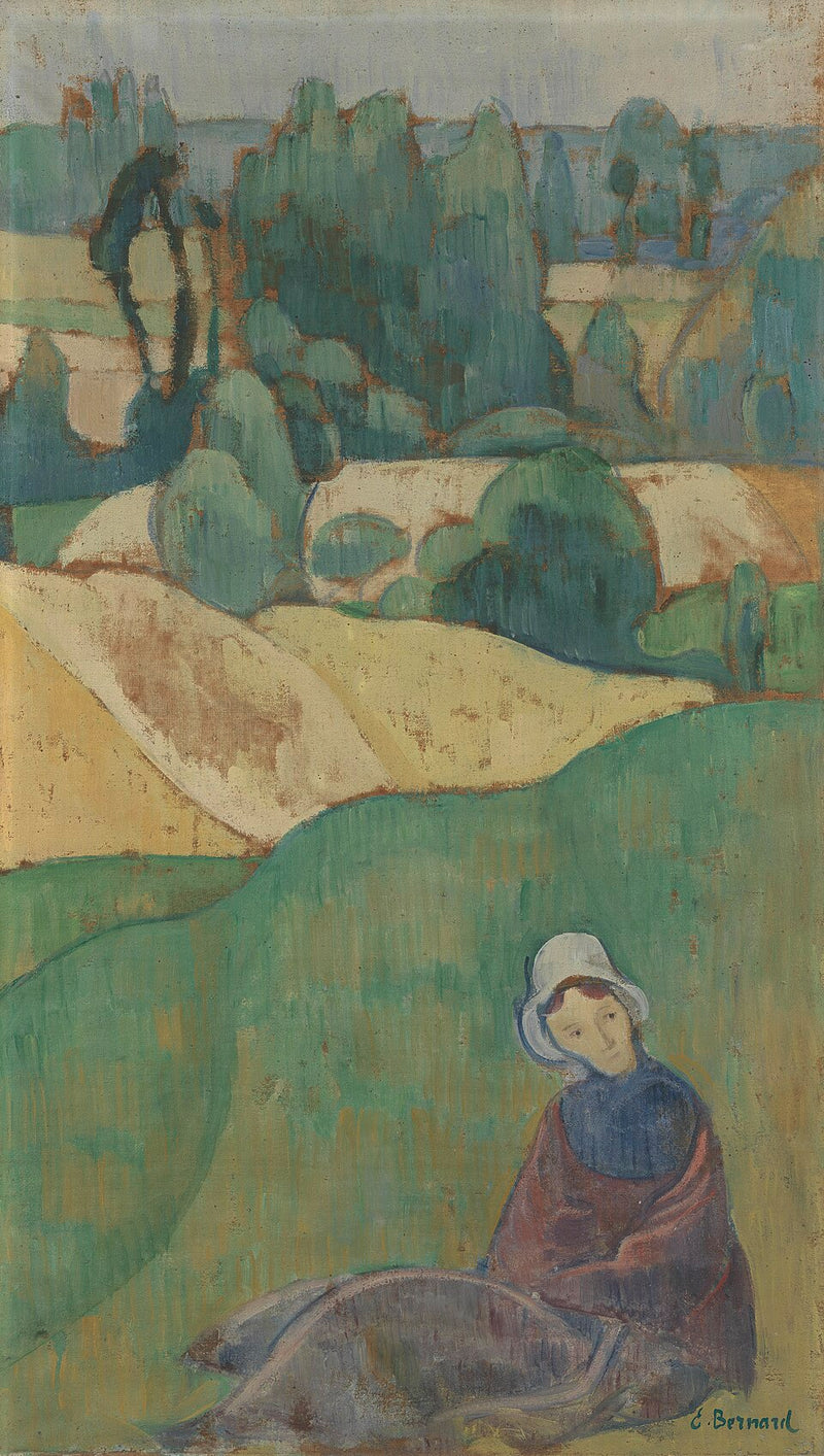 Mulher sentada em um campo: Bretanha - Émile Bernard
