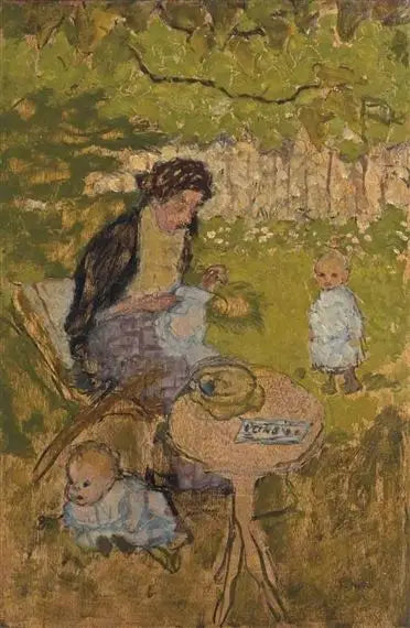 Mulher costurando em um jardim (com crianças) - Pierre Bonnard