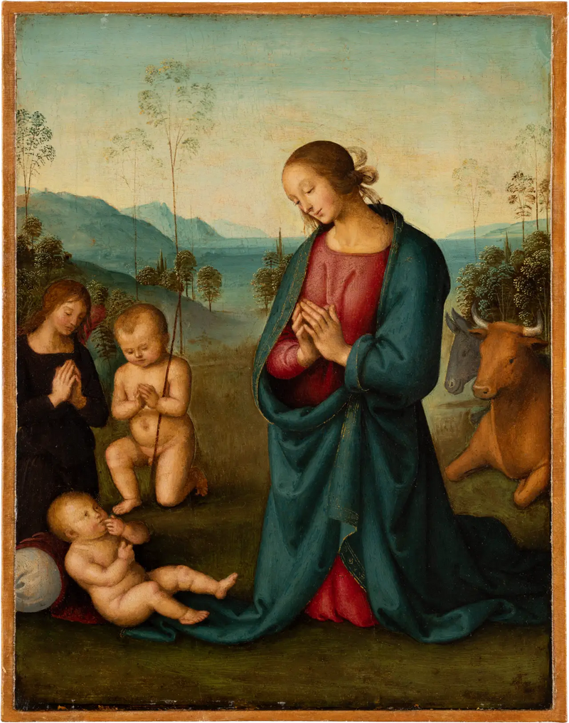 A Madona, o Menino São João e um anjo adorando o Menino Jesus - Pietro Perugino
