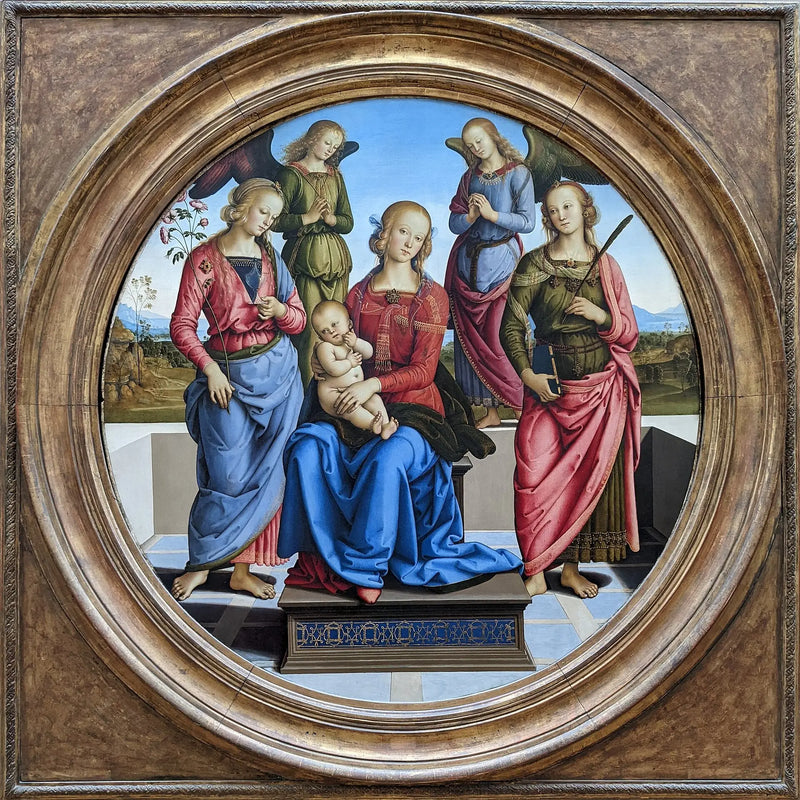 A Virgem e o Menino rodeados por dois anjos, Santa Rosa e Santa Catarina - Pietro Perugino