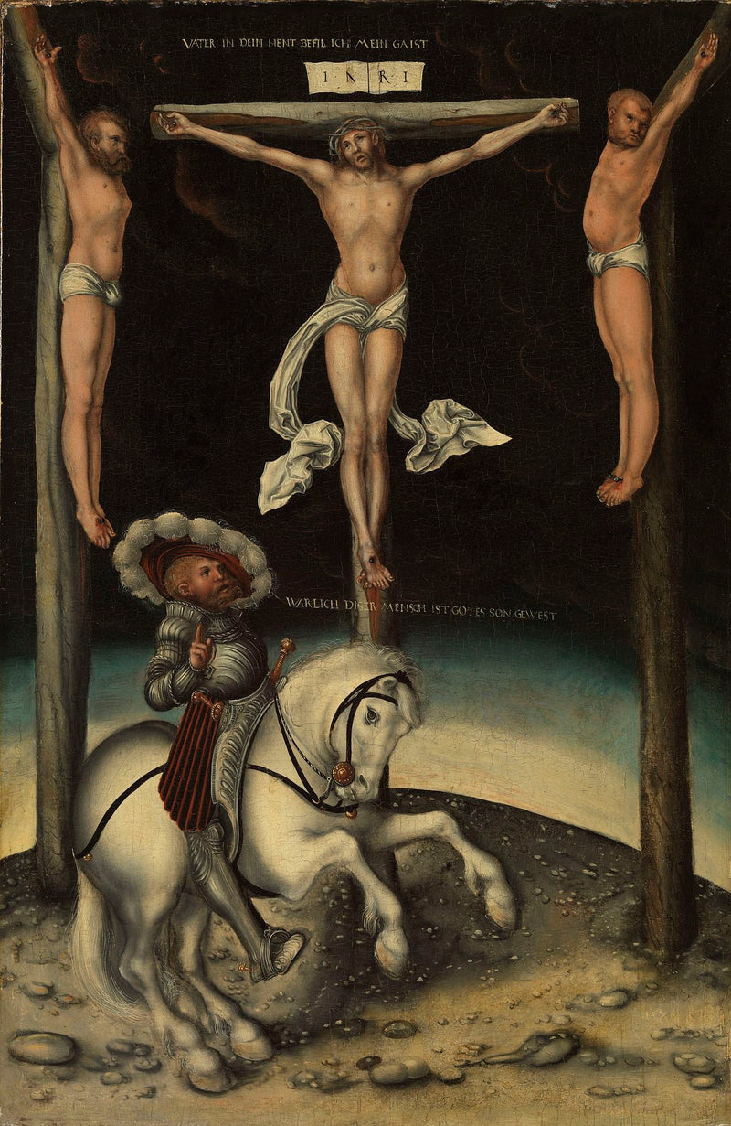 O centurión Longino entre as cruzes de Cristo e os dois ladrões - Lucas Cranach, o Velho