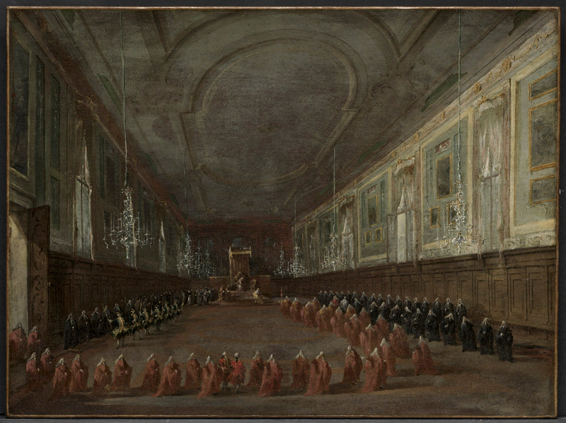 O papa Pio VI descendo do trono para se despedir do doge na sala dos Santos João e Paulo, 1782 - Francesco Guardi