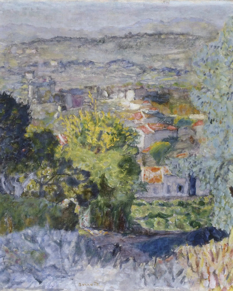 Os telhados através dos mimosas, paisagem do Cannet - Pierre Bonnard