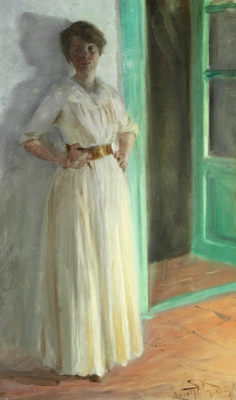 Marie Krøyer. Retrato de corpo inteiro. Noite à luz dos postes de iluminação na varanda. - Peder Severin Krøyer