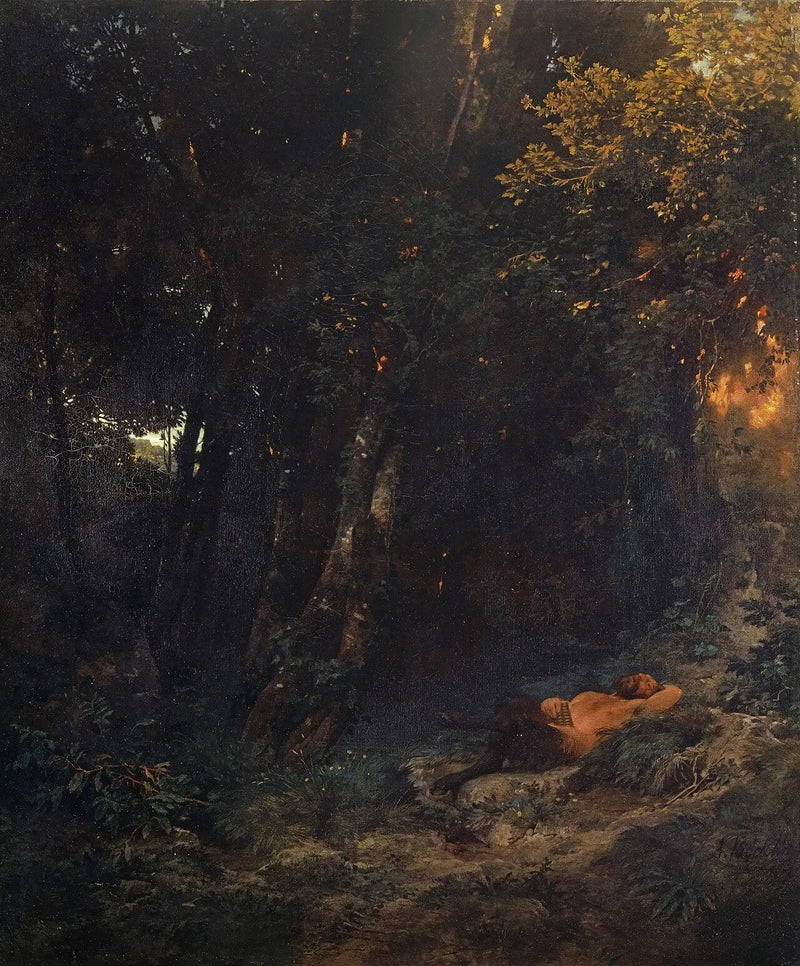 Paisagem arborizada com Pan descansando - Arnold Böcklin