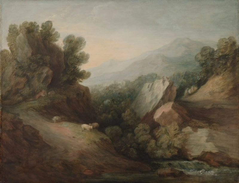 Paisagem rochosa e arborizada com um vale e uma represa - Thomas Gainsborough
