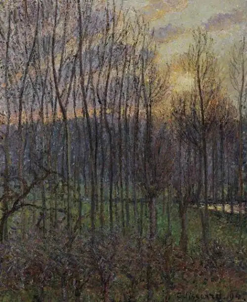 Pessegueiros em Éragny, pôr do sol - Camille Pissarro