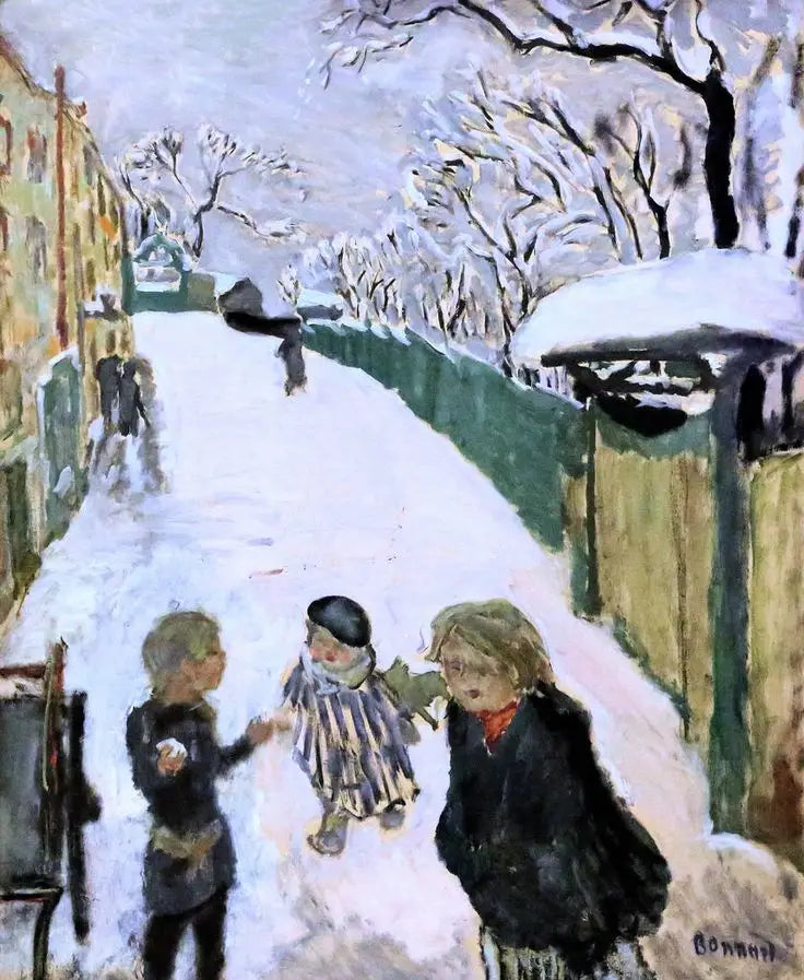Rua sob a neve com brincadeira de crianças - Pierre Bonnard