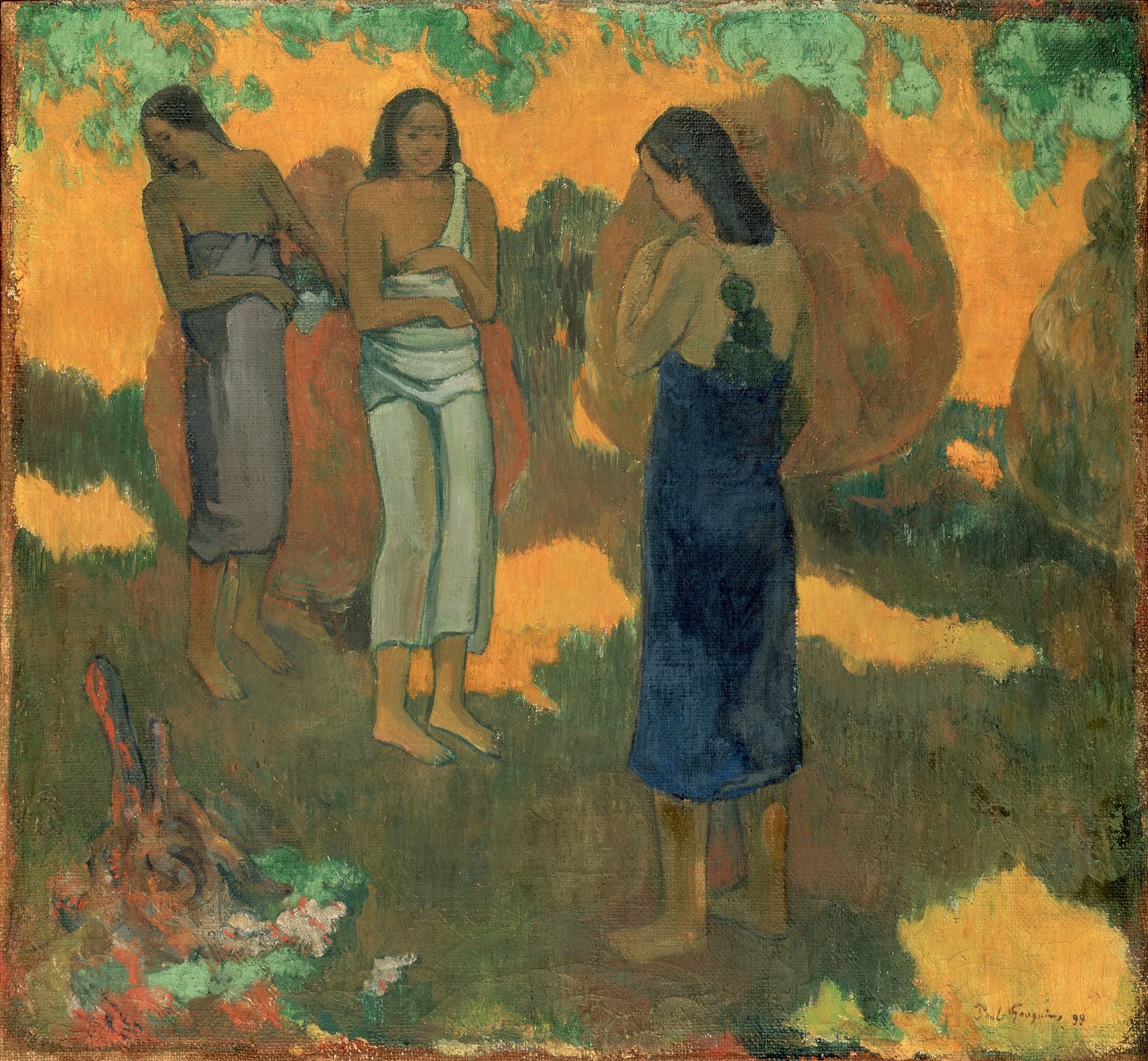 Reproduction du tableau « Trois Tahitiennes sur fond jaune - Paul Gauguin » par Alpha Reproduction en peinture à l’huile