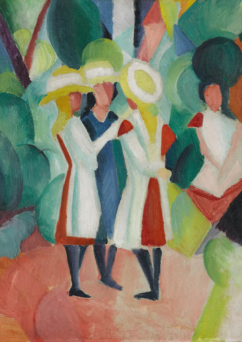 Três meninas usando chapéus de palha amarelos - August Macke