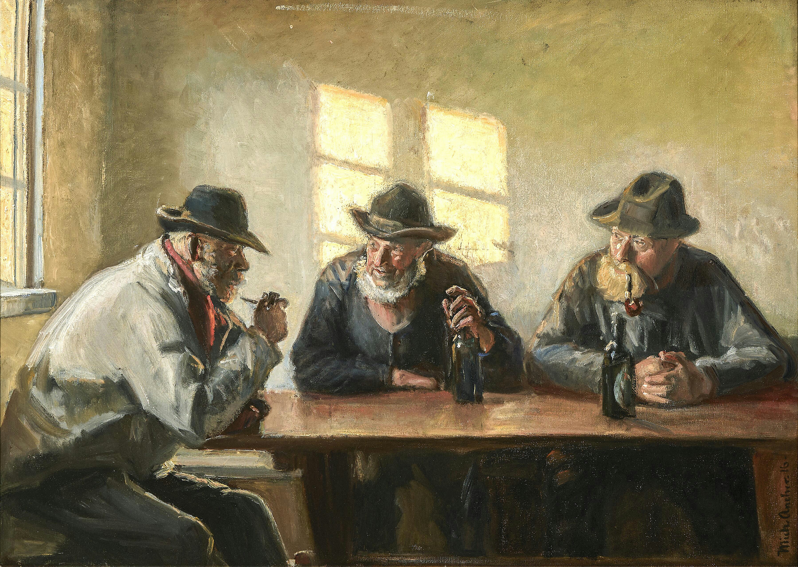 Trois pêcheurs dans le magasin de Brøndum. (1916). - Michael Peter Ancher