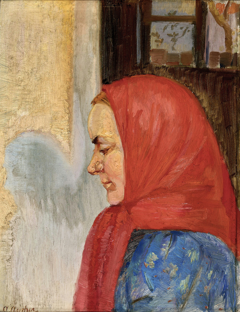 Uma jovem mulher de Skagen usando um cachecol vermelho, vista de perfil. - Anna Ancher