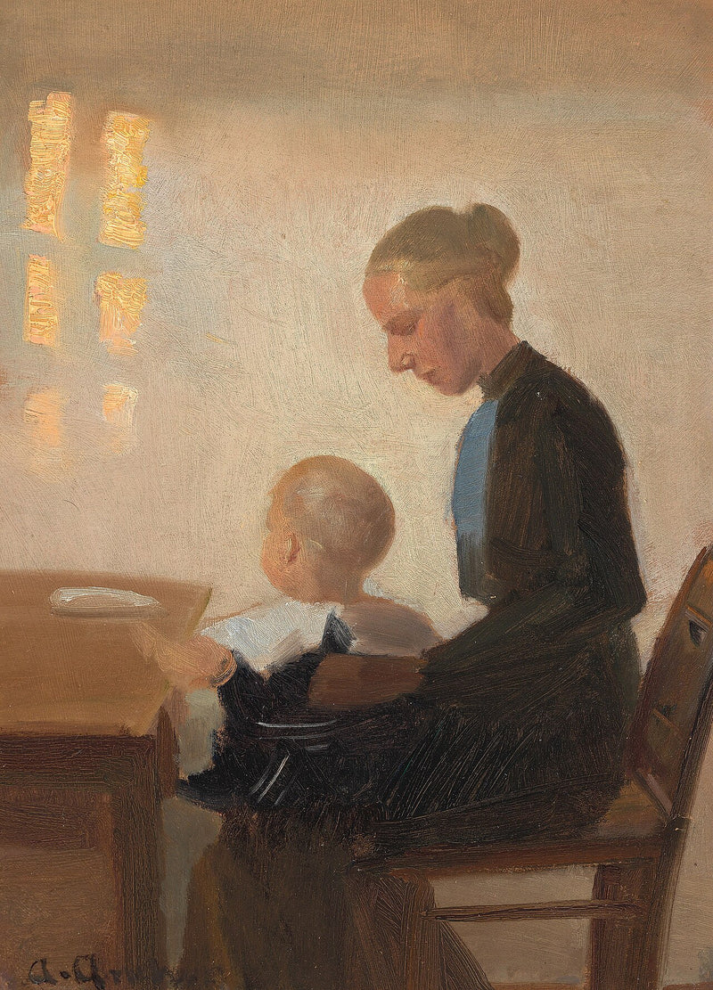 Um interior com uma mãe e seu filho. - Anna Ancher