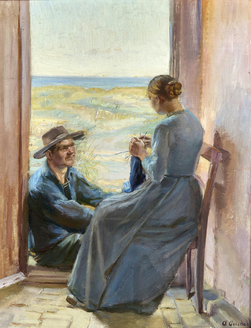 Um jovem casal de Skagen sentado na moldura de uma porta com vista para a praia e o mar. - Anna Ancher