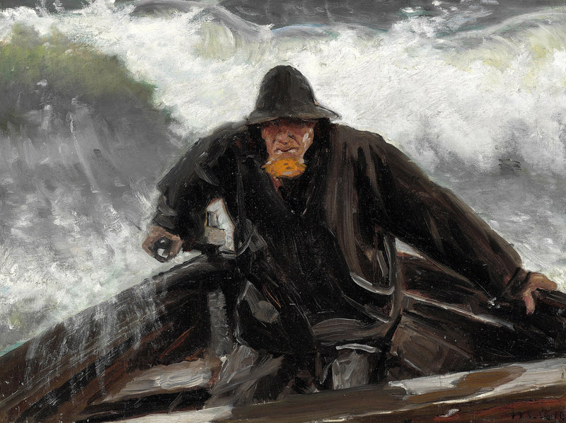 Un pêcheur à la barre d'un bateau en pleine mer agitée. - Michael Peter Ancher