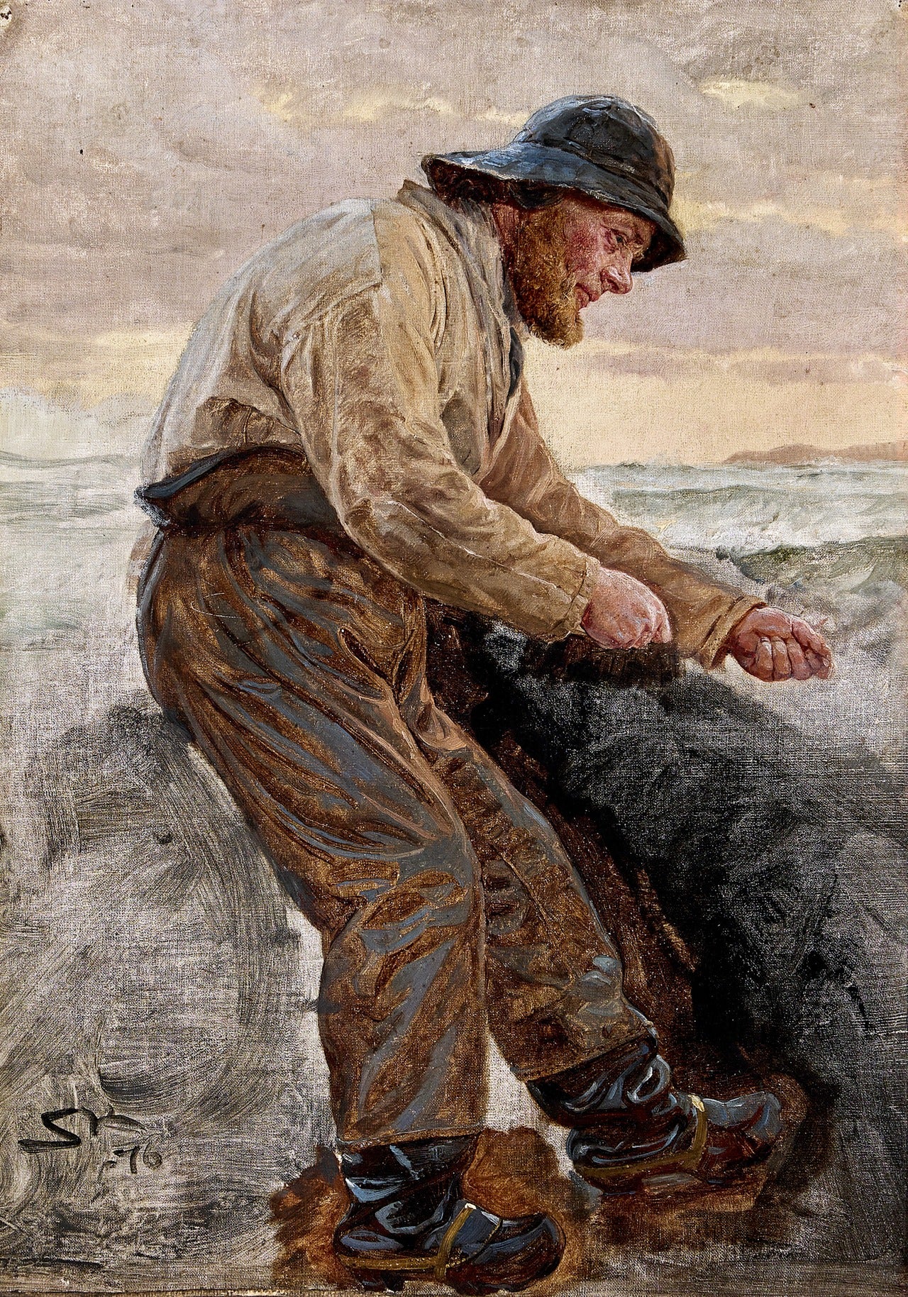 Un pêcheur de Hornbæk. Portrait complet debout dans une barque. Étude. - Peder Severin Krøyer