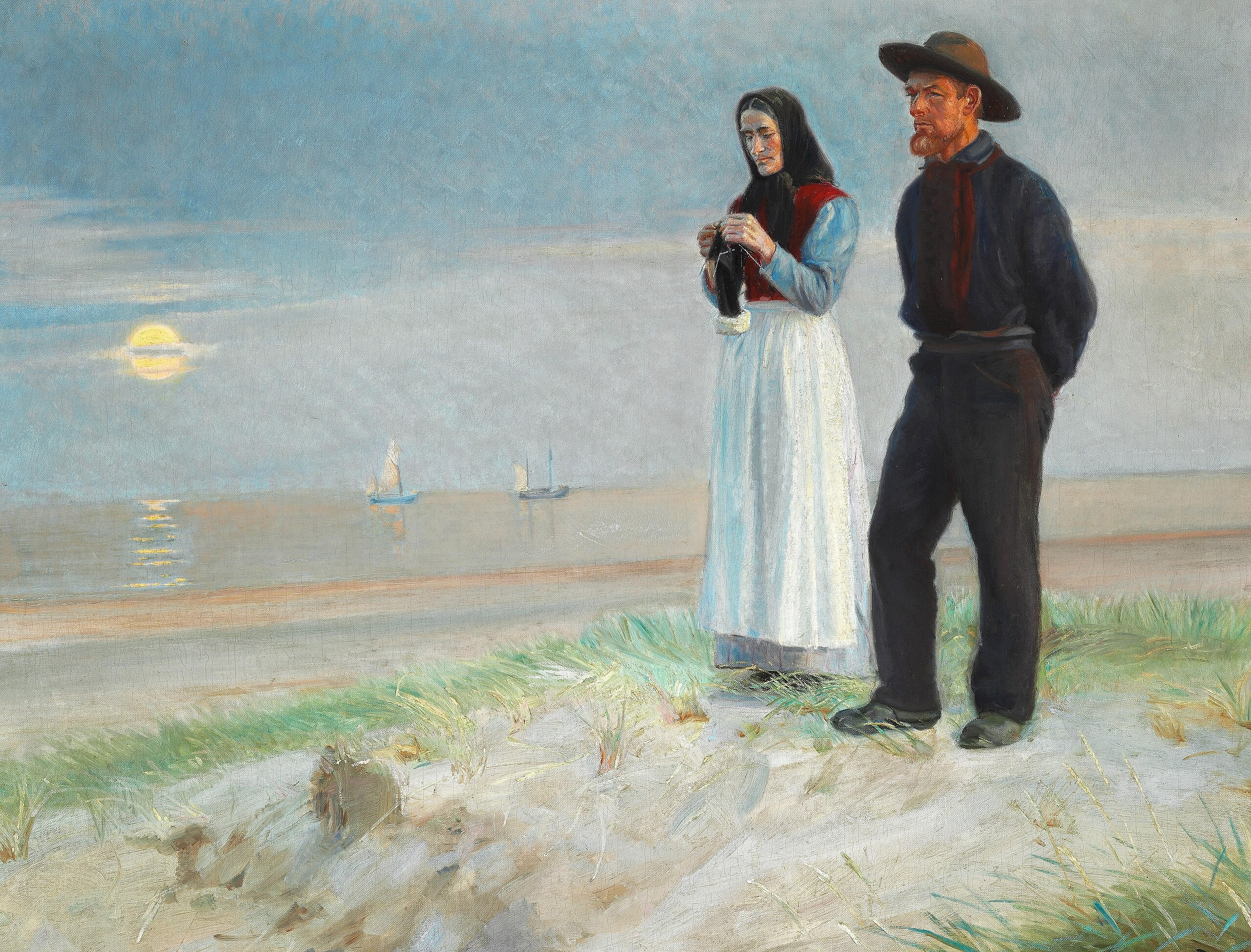 Un pêcheur et sa femme sur la plage, au coucher du soleil. - Michael Peter Ancher