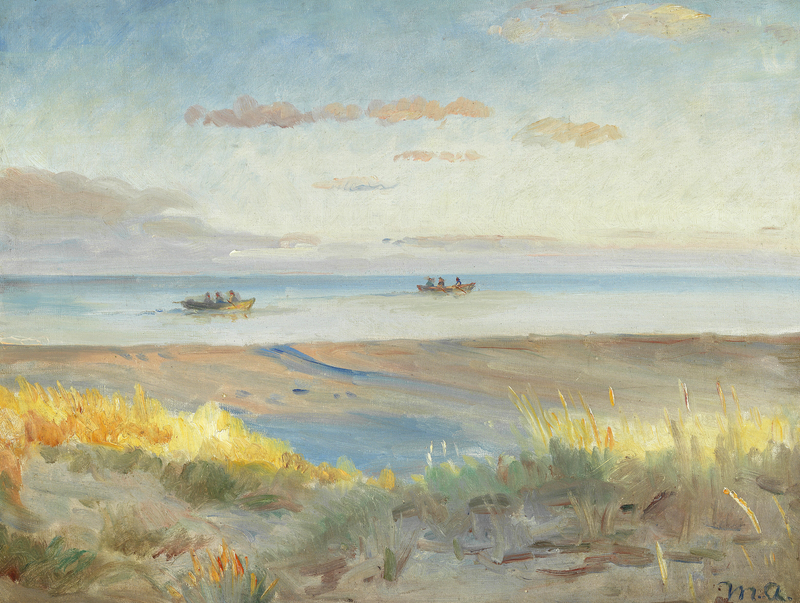 Vue de la plage de Skagen au coucher du soleil. Des pêcheurs en barques à rames sur la mer. - Michael Peter Ancher