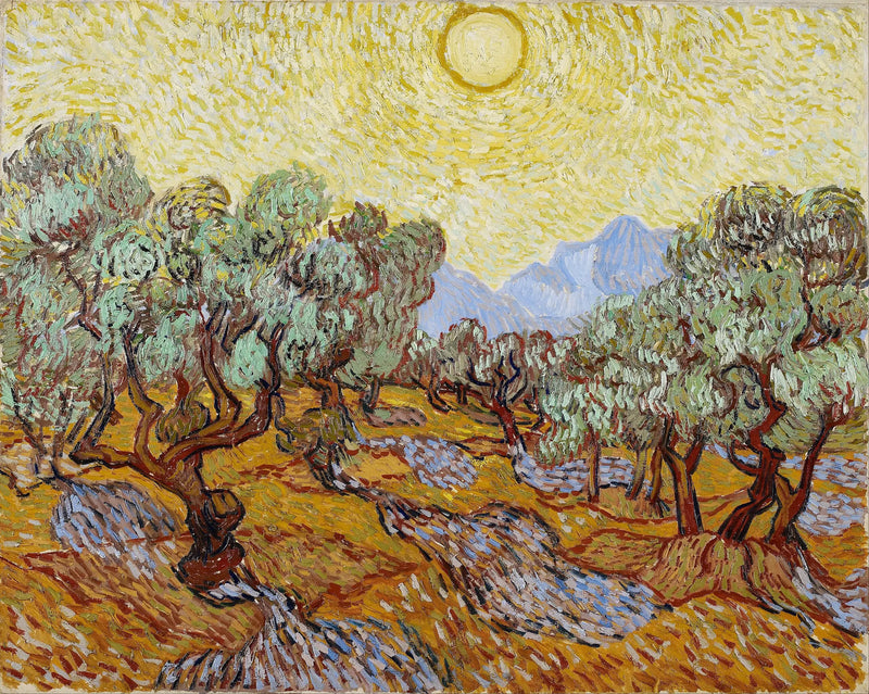 Oliveiras com céu amarelo e sol - Vincent van Gogh