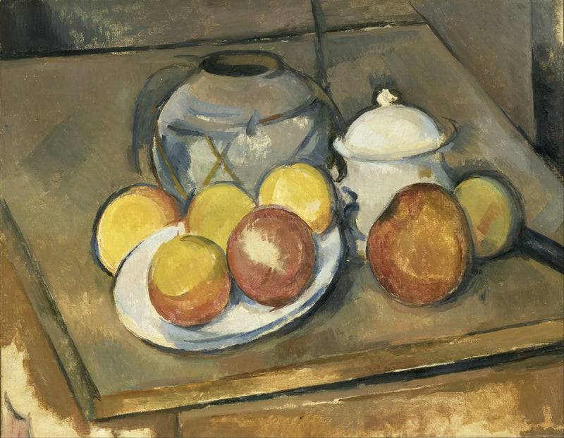 O vaso de palha, açucareiro e maçãs - Paul Cézanne