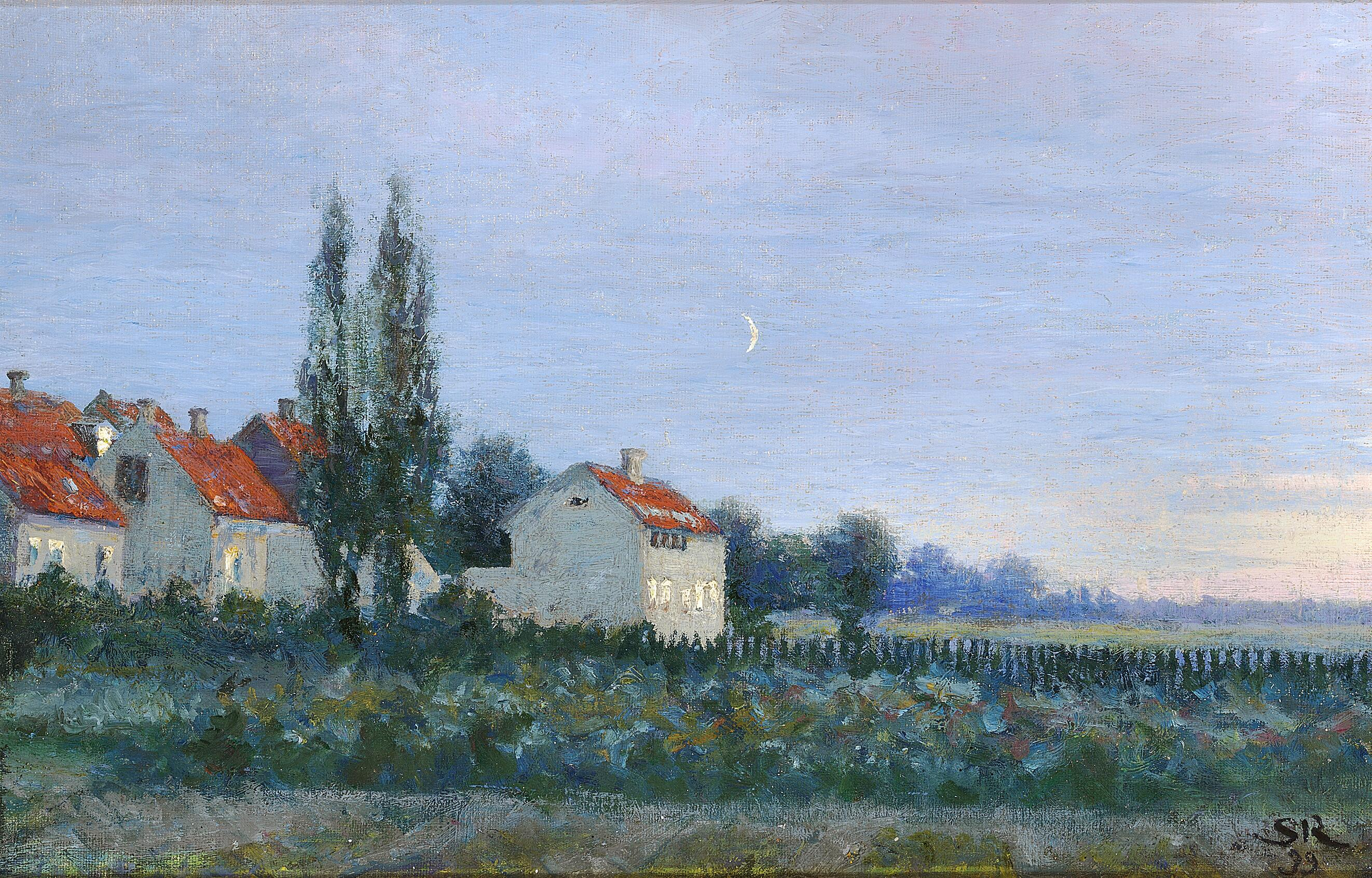 Scène du soir avec maisons et peupliers. - Peder Severin Krøyer