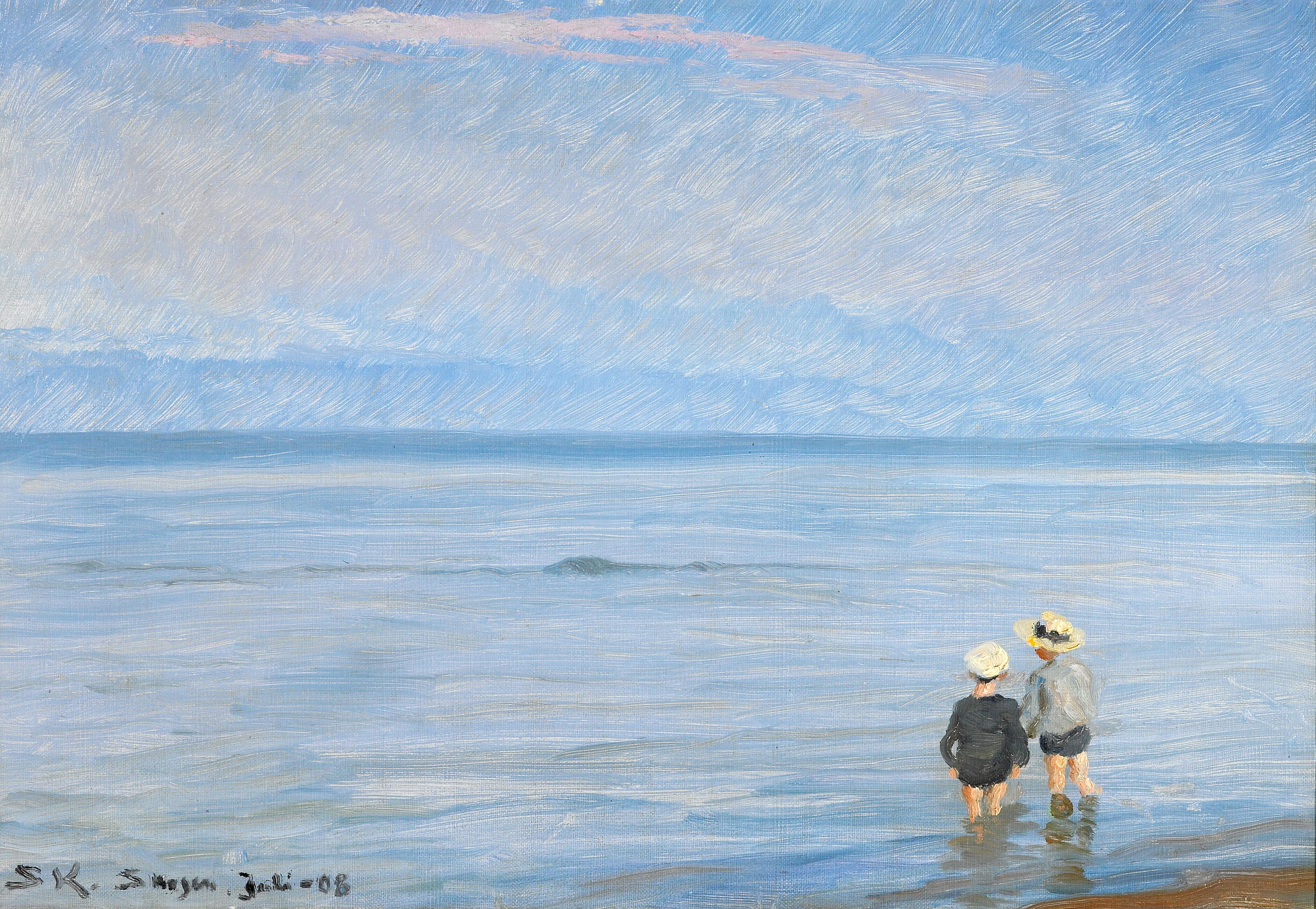 A hora azul. Duas crianças remando na praia de Skagen. - Peder Severin Krøyer