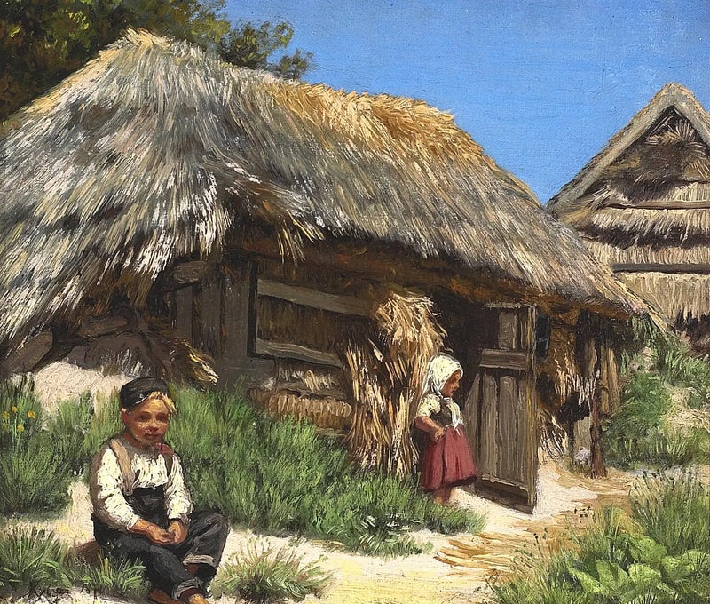 Uma casa com telhado de palha. Dia de verão sob um céu azul e quente. Organizado com duas crianças. - Peder Severin Krøyer