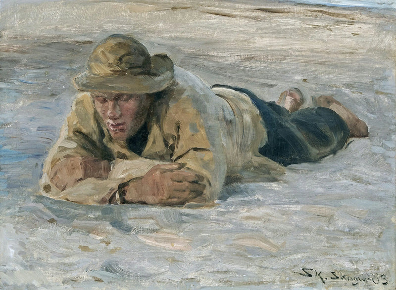 Um pescador descansando na areia, com o peito apoiado nos braços - Peder Severin Krøyer