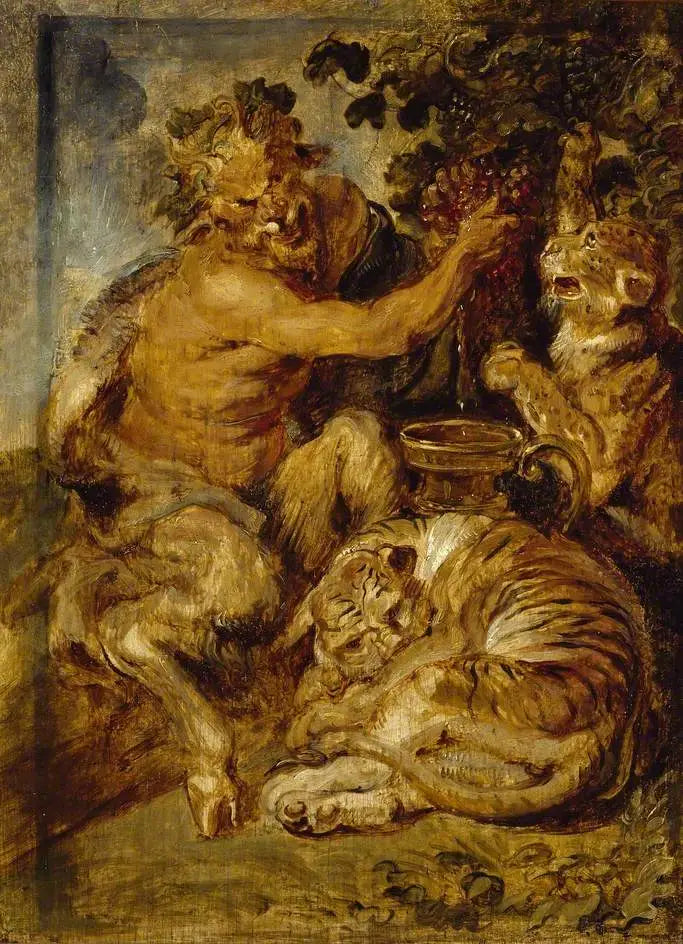 Um sátiro esmagando uvas com um tigre e um leopardo - Peter Paul Rubens