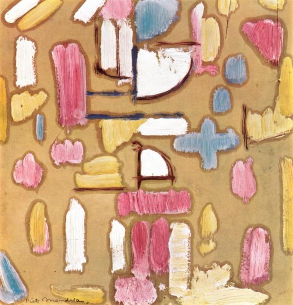 Reproduction du tableau « Étude des couleurs avec du rose, du bleu, du jaune et du blanc - Piet Mondrian » par Alpha Reproduction en peinture à l’huile