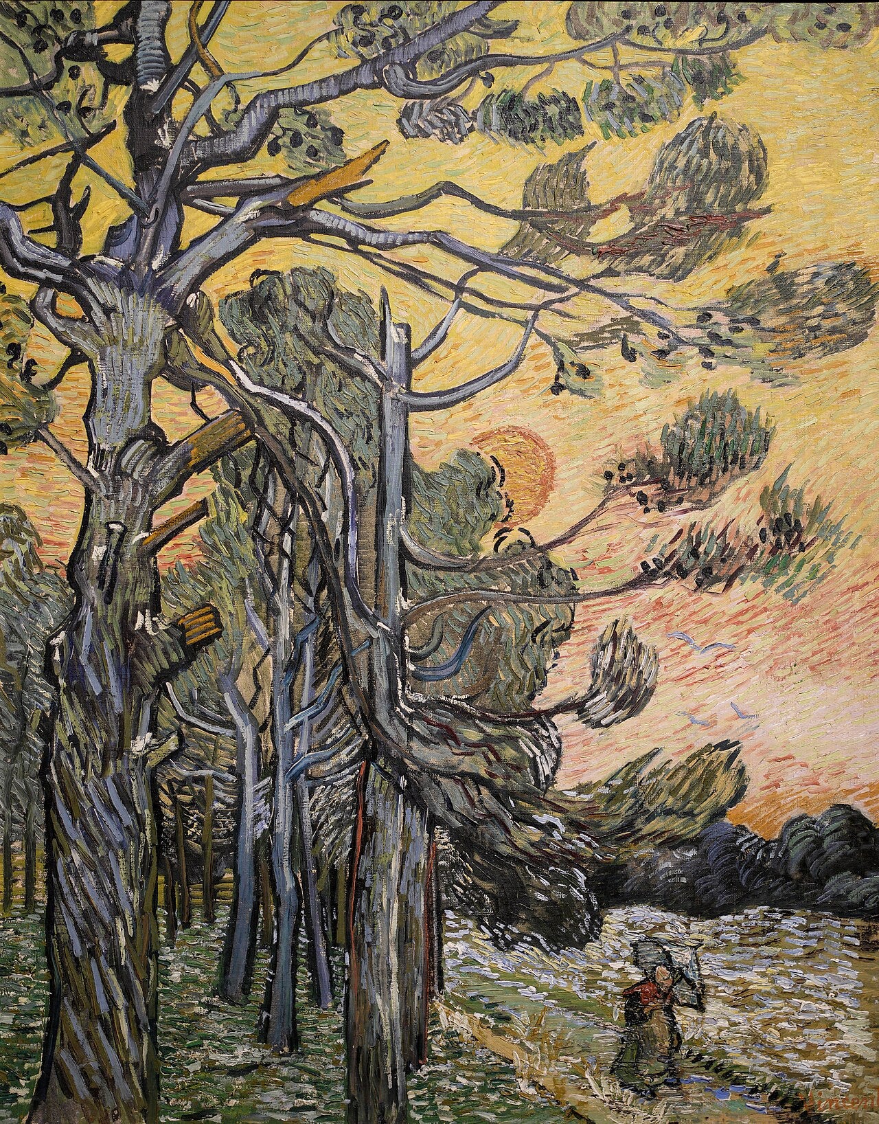 Pinos contra um céu vermelho com sol poente - Vincent van Gogh