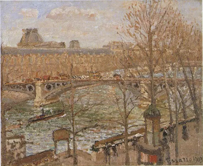 O Louvre e a ponte do Carrousel, sol - Camille Pissarro