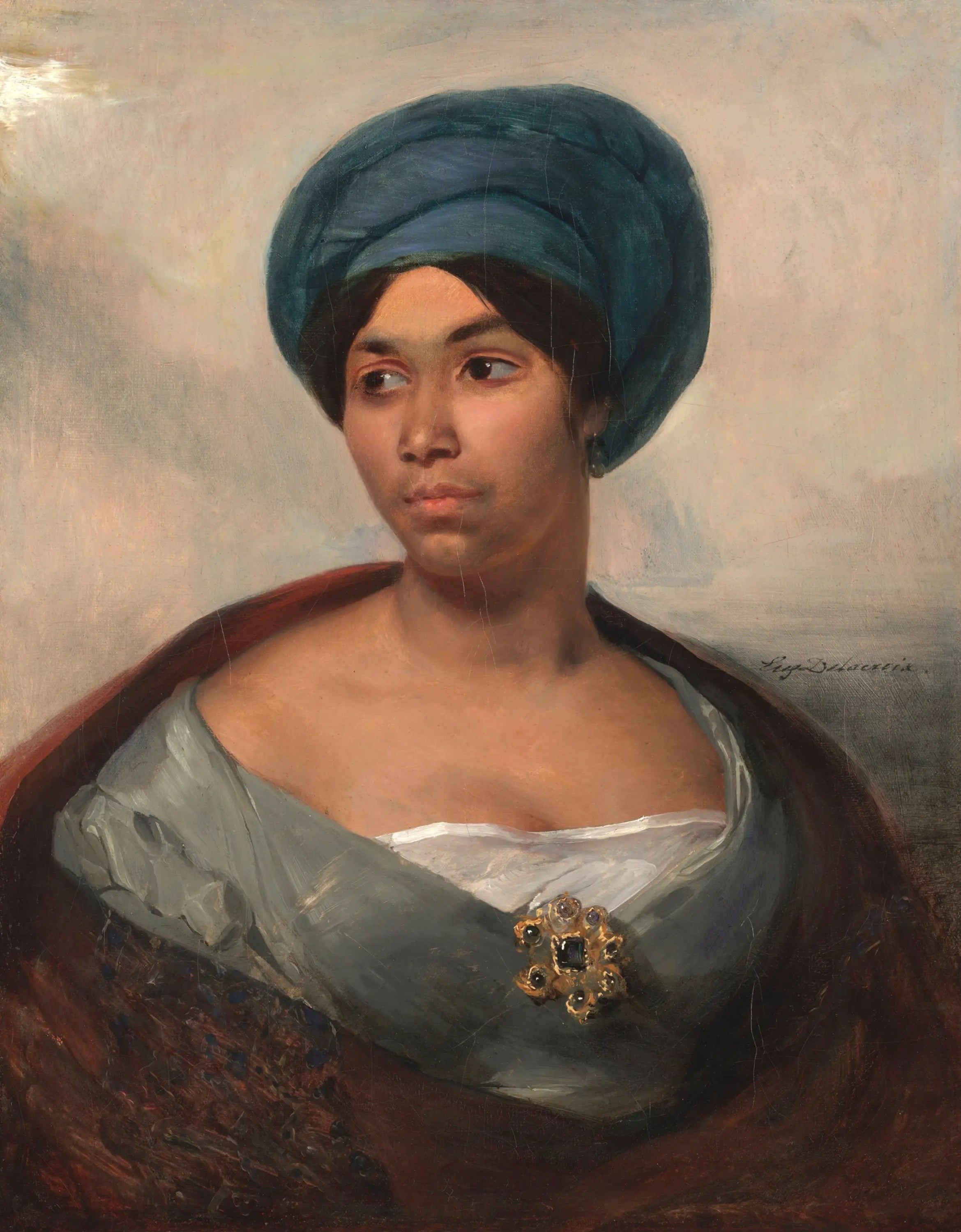 Reproduction du tableau « Portrait d'une femme coiffée d'un turban bleu - Eugène Delacroix » par Alpha Reproduction en peinture à l’huile