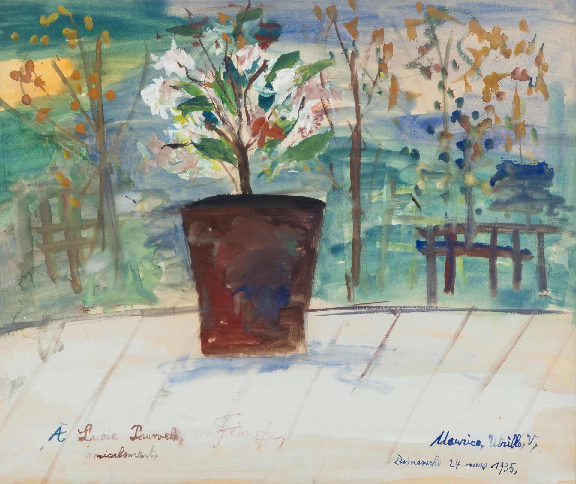 Pot de fleurs sur un fond de paysage - Maurice Utrillo
