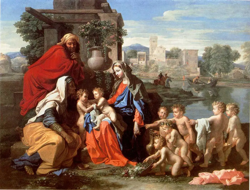 A Sagrada Família com Santa Isabel, o pequeno São João e putti - Nicolas Poussin