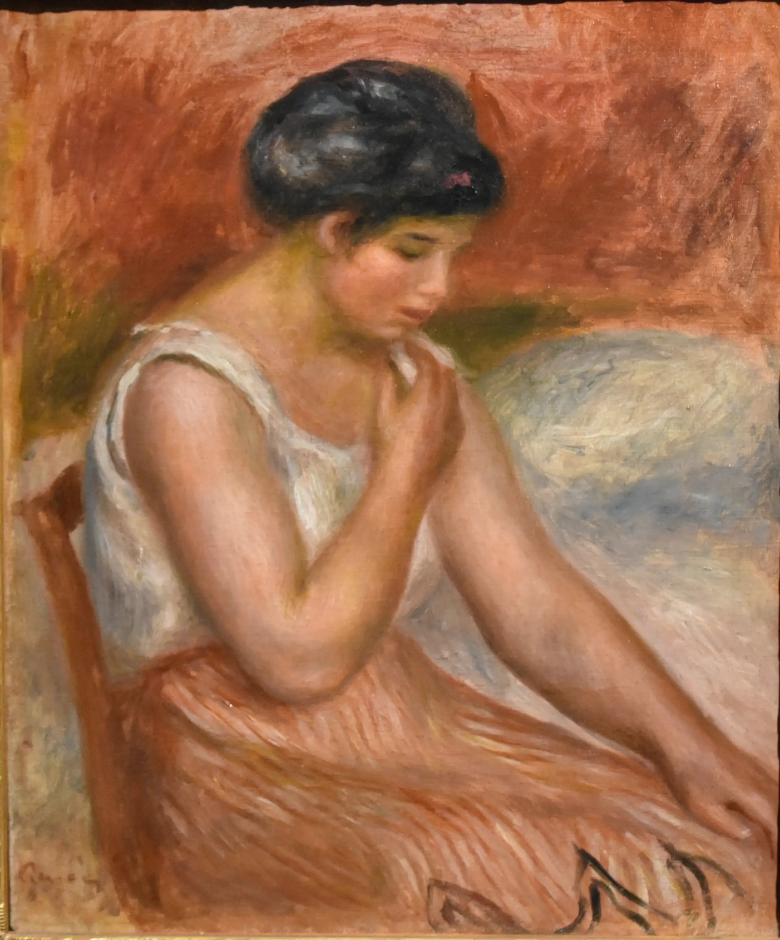 Reproduction du tableau « Fille assise en jupe rayée - Pierre-Auguste Renoir » par Alpha Reproduction en peinture à l’huile