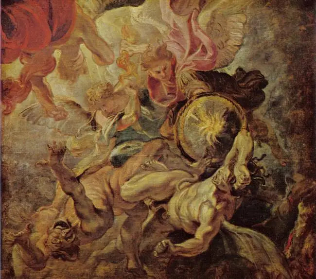 O arcanjo Miguel derrota Satanás e os anjos rebeldes (Apocalipse 12:7-9), 1620 - Peter Paul Rubens