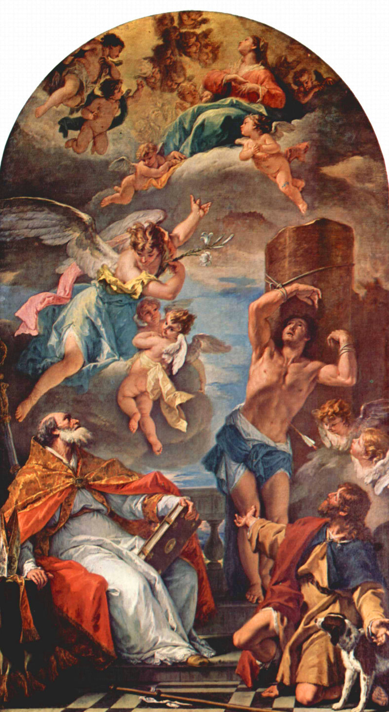 A Virgem Maria em glória com o arcanjo Gabriel e os santos Eusébio, Sebastião e Roch - Sebastiano Ricci