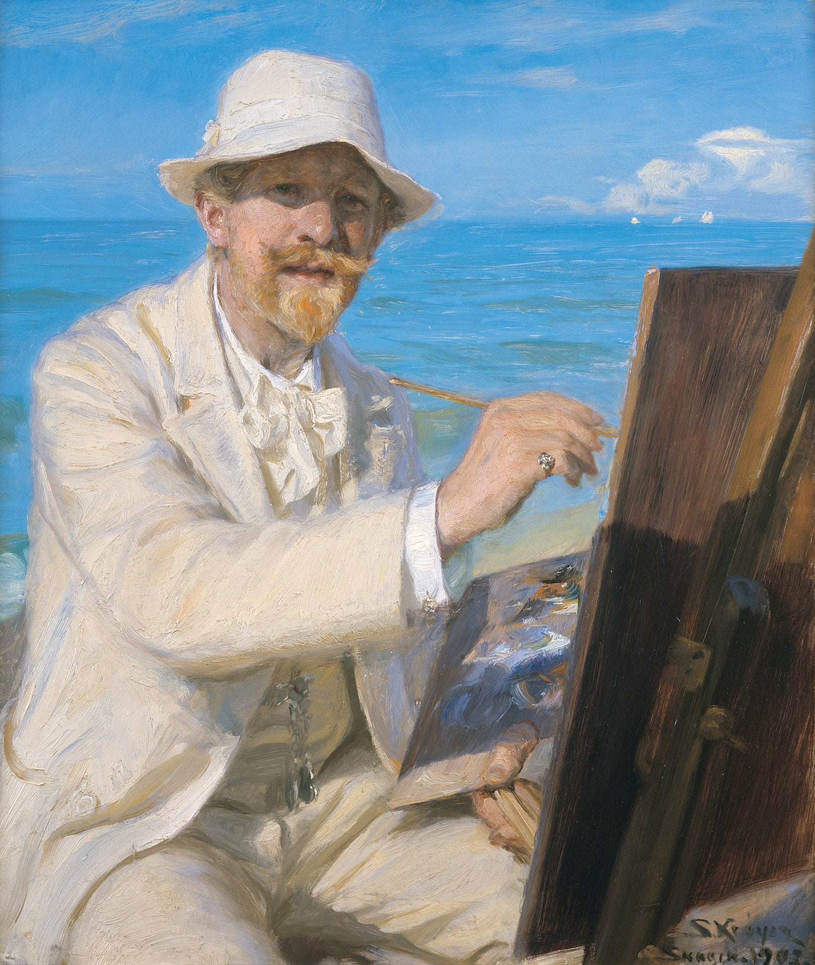 Autorretrato, sentado perto de seu cavalete na praia de Skagen - Peder Severin Krøyer