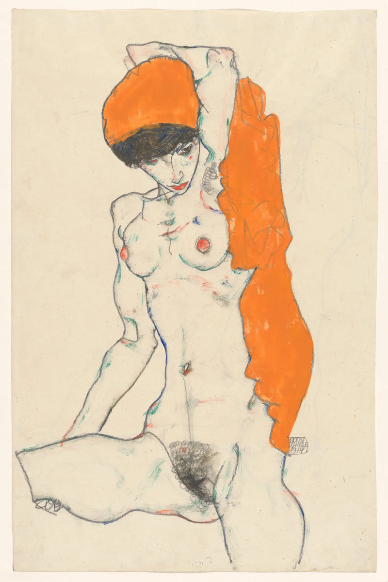 Nu em pé com drapeado laranja - Egon Schiele