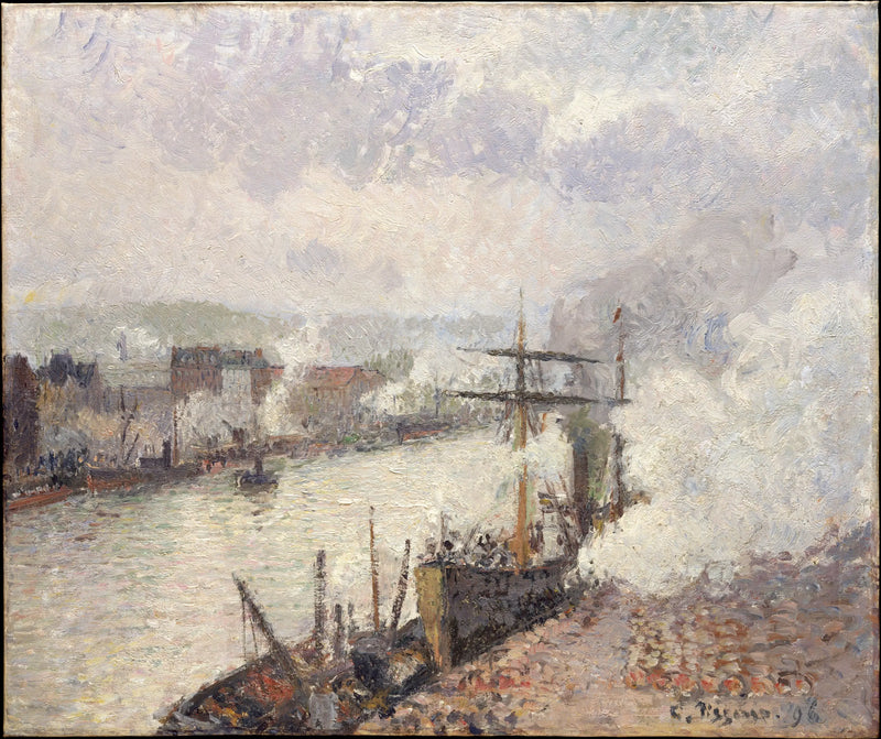 Barcos a vapor no porto de Rouen - Camille Pissarro
