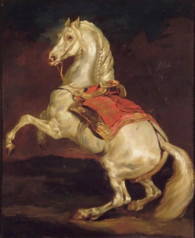 Cavalo empinado no tapete de sela vermelho - Théodore Géricault