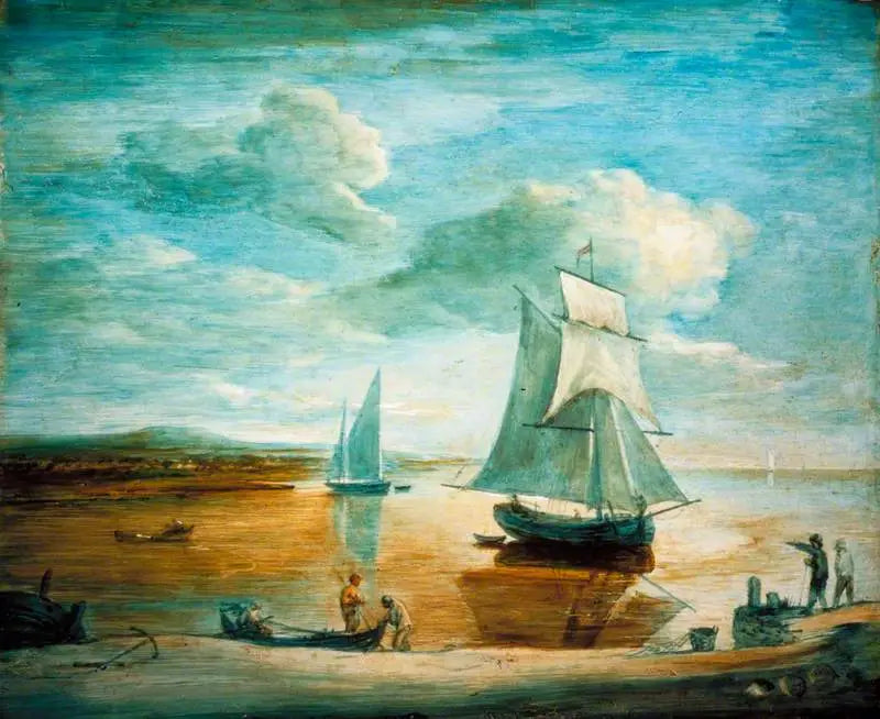Cena costeira com barcos à vela e a remo e personagens na margem - Thomas Gainsborough