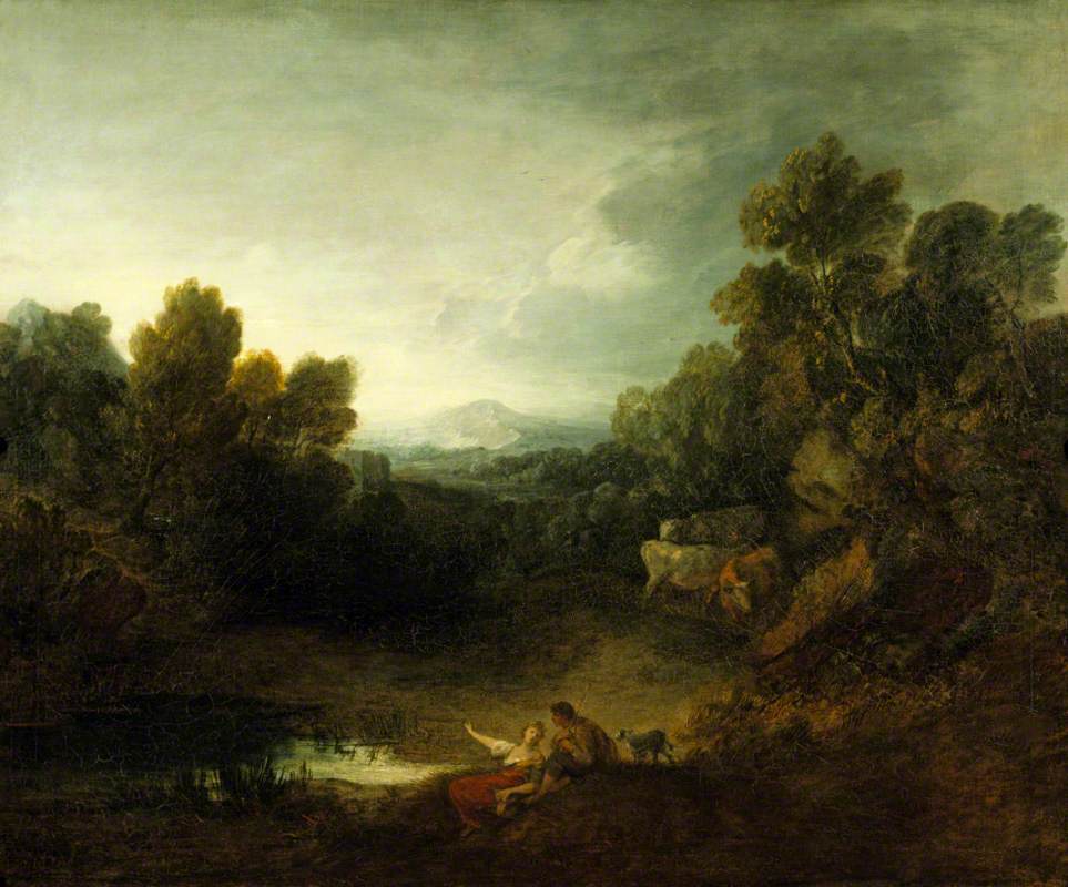 Paysage boisé rocheux avec des amoureux rustiques au bord d'une piscine - Thomas Gainsborough
