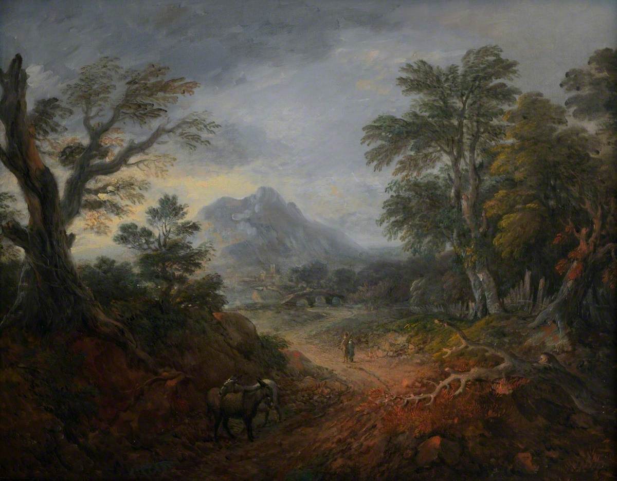 Paysage boisé avec personnages, pont, ânes, bâtiments au loin et montagne - Thomas Gainsborough