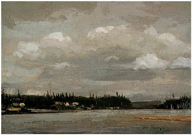 Vue sur un lac: rivage avec maisons - Tom Thomson - Alpha Reproduction